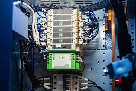 Equipment control panel. Automation control terminal. Electrical equipment with terminal and wires....