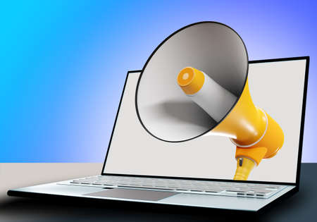 loudspeaker in laptop screen. Loudspeaker symbolizes advertising message. Yellow loudspeaker in computer monitor. Internet advertising metaphor. Three-dimensional megaphone and laptop. 3d image.の写真素材