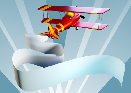 biplane model. Ribbon behind it symbolizes exhaust from aircraft. Biplane leaves exhaust in air. Harmful exhaust from aircraft. Condensation footprint from aviation concept. 3d rendering.の写真素材