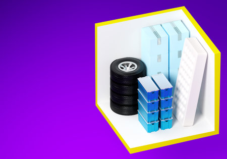 Rental Storage Units 5 by 5 feet. Self storage on purple background. Warehouse container cutaway. Demonstration of storage in Self warehouse space. Safekeeping wheels and boxes 3d rendering.の写真素材