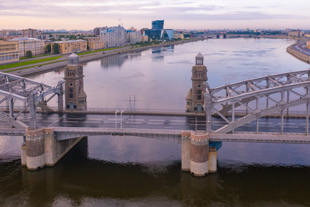 Saint Petersburg. Russia. Towers of Peter the Great Bridge. Bolsheokhtinsky bridge. Panorama of the...