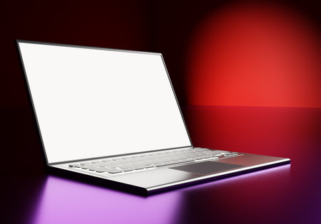 Three-dimensional laptop with white screen. Laptop in neon light. Opened laptop with blank screen. Computer design for software demonstration. Layout for software demonstration. 3d illustrationの写真素材