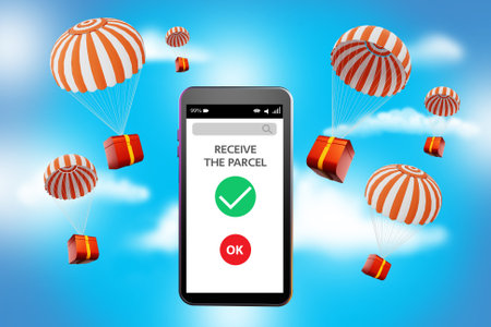receive parcel interface on phone. Concept of receiving online orders. Receive parcel ordered in apps. Shopping in mobile apps. Phone on sky background. Parcels with parachutes. 3d rendering.の写真素材