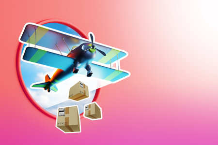 Boxes fall from plane. Airmail metaphor. Sending parcels by plane. Air cargo transportation. Biplane on red background. Copy space on delivery. Courier air service. Avia freight business. 3d image.の写真素材