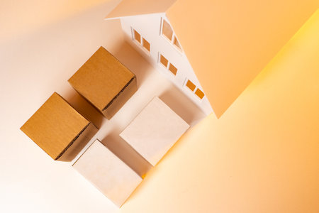 Parcels near the house top view. Concept - parcels at the front door. Service delivery of goods. Metaphor - delivery to the door. Delivery from the online store. Courier company. Courier services.の写真素材