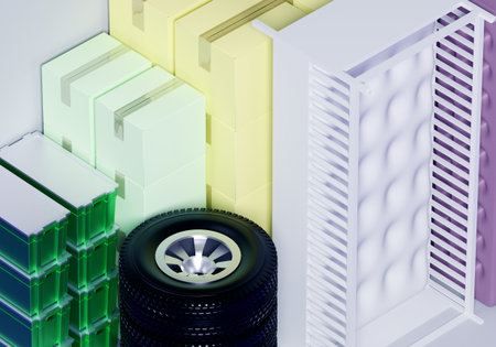 Storage Units 5 by 10 feet. Fragment of storage facility content. Storage boxes and wheels inside...