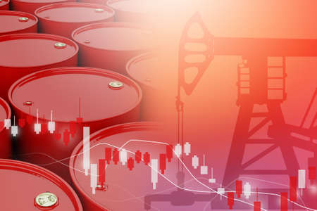 Oil background. Barrels and pumps symbolizes oil trading. Extraction and processing of crude petroleum. Investments in oil and gas industry. Red barrels for crude petroleum. 3d rendering.の写真素材
