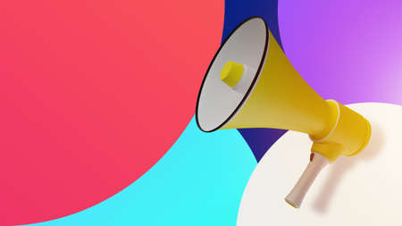 Loudspeaker on colorful background. Advertising through loudspeaker concept. Megaphone as metaphor for promotion. Three-dimensional yellow loudspeaker. Detailed rendering of megaphone. 3d imageの写真素材