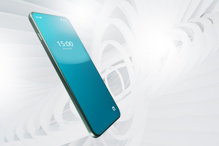 Smartphone on abstract background. Phone with a standard lock screen. Smartphone rendering with thin...