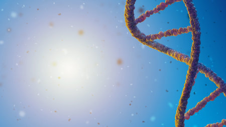 DNA spiral on blue background. DNA sequencing concept. Three-dimensional DNA sequencing. Genetic...