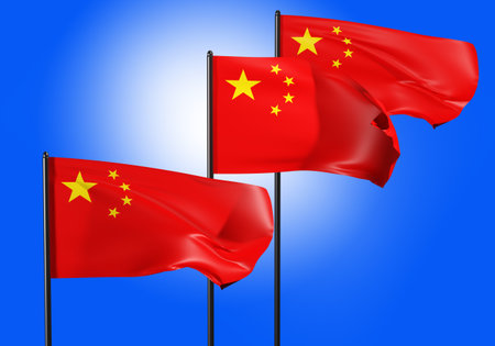 Several Chinese flags. Flags of China on background Sky. Flagpoles with flags of People's Republic...