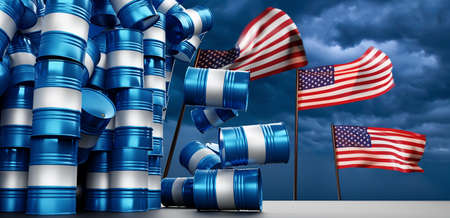 Falling oil production USA concept. Decrease in rate of oil production. Falling crude oil prices. Barrels of petrolium fall down. Falling barrels near USA flags. Hydrocarbon crisis in USA. 3d imageの写真素材