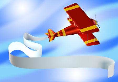 Airplane in bright sky. Red and yellow airplane. White tape behind plane. Flying airplane in sky....