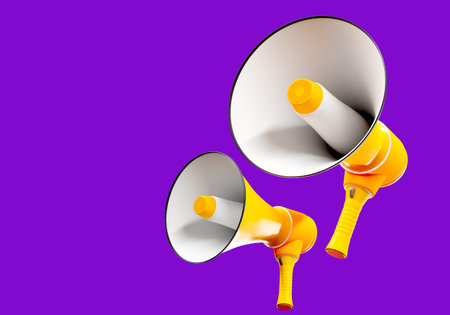 loudspeaker is yellow. Two megaphones on purple background. Loudspeaker visualization....