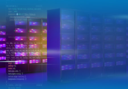 Data center background. Server cabinets and code. Background on topic of data storage and...