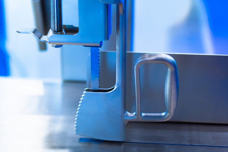 Band saw. Equipment for metal cutting. A fragment of a metal cutting machine. Industrial equipment....