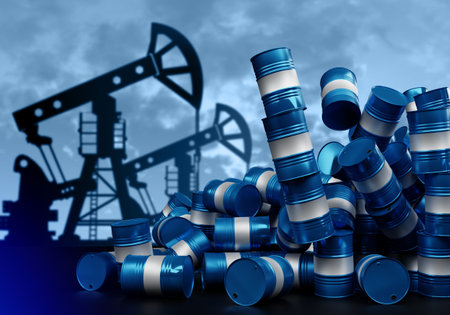 Falling barrels next to oil pumps. Empty crude oil barrels. Metaphor for oil production problems....