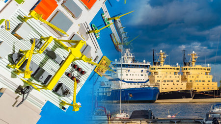 Cargo Ship. Corarabal near the cargo port. The layout of the port for unloading cargo ferries top...