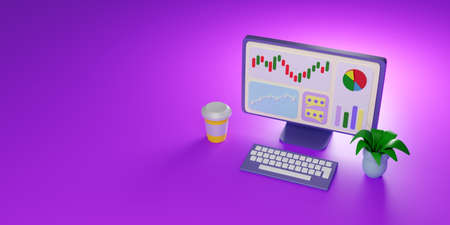 Financier computer. Investment charts. Business analytics. CRM system in monitor. Bank deposit charts. Tracking return on investment. Computer with keyboard on purple background. 3d rendering.の写真素材