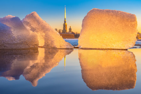 Saint Petersburg. Russia. Peter-Pavel's Fortress. Winter. Lumps of ice float along the river. Excursions to the Peter and Paul Fortress. Winter trip to Russia. Sights of St. Petersburg. Russia town.の写真素材