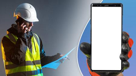 Architectural mockup. Call to builder. Blank screen phone. Cellphone with white display. Architect...
