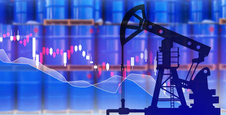 Decline in oil prices. Graphs in front of blue petroleum barrels. Petroleum quotes. Metaphor for decline in oil production. Falling value of oil corporations. Situation hydrocarbon market. 3d imageの写真素材