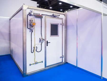 Closed chamber with signal lamp. Room in form of cube with door for electrical appliances. Box of electrical communications. Boxing with white walls. Portable box with electrical communicationsの写真素材