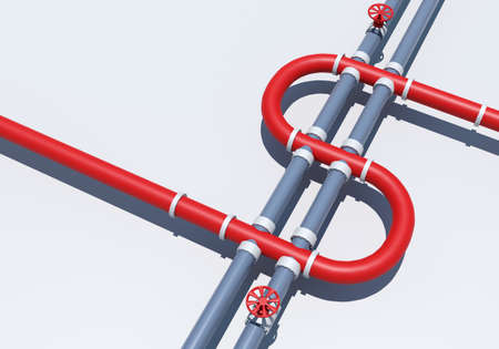 Pipeline for import of oil and gas. Pipe for transportation of petroleum products. Gray piping with red valves. Twisting pipe for gas supply. Export transportation of gas. 3d rendering.の写真素材