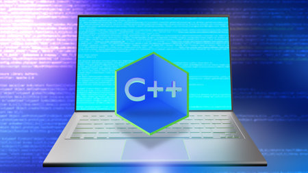 C++ logo. Laptop screen with code and C++ sign. Compiled statistically typed programming language. C...