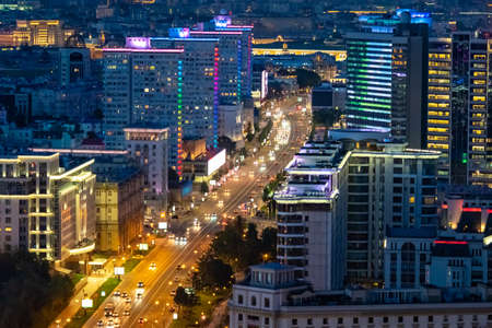 Moscow. Russia. multilane road. Night Moscow view from above. Car rides through the evening city. Road architecture of Russia. Lights of the night city. Russia region. Tour Russiaの写真素材