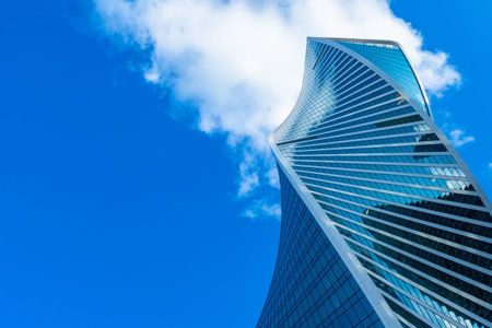Moscow. Russia. Glass skyscraper on the background of blue sky. Skyscraper in Moscow view from...