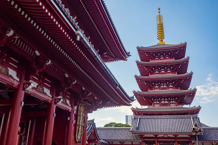 Japan. Tokyo. Asakusa Temple. Sensoji Temple Complex in Tokyo. Asakusa Pagoda on a sunny day. Architecture of ancient Japanese temples. Guide to Asakusa Street. Tour of the cities of Japan.のeditorial素材