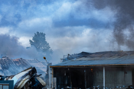 ruins of fire. One-story building in smoke. Smoke over canopy. Concept is fire in farm or warehouse....