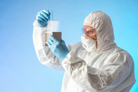 Hazardous chemical research. Man in protective clothing with test tubes in his hands. Study of...