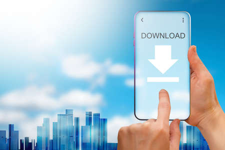 download application. Download word in smartphone screen. Hands with phone on blue. mobile internet concept. using mobile data. Downloading data via phone. Copy space over skyline. online appsの写真素材