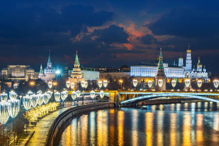 Moscow Christmas. Russia Winter night. Kremlin towers on New Year Eve. Great Kremlin Palace in Moscow. View of capital from drone. Christmas holidays in Moscow. Capital of Russia. Russian Federationの写真素材