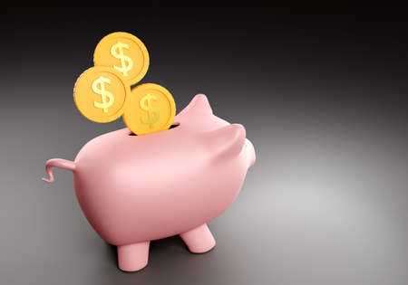 Piggy bank and coins. Savings and investments concept. Piggy bank isolated on a gray background. Coins fall into the piggy bank. financial literacy. financial reserves. 3d imageの写真素材