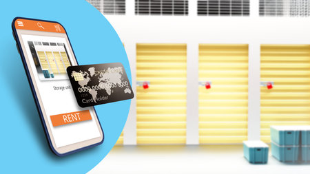 Payment for warehouse container concept. Plastic card next to warehouse attachment. Remote payment...