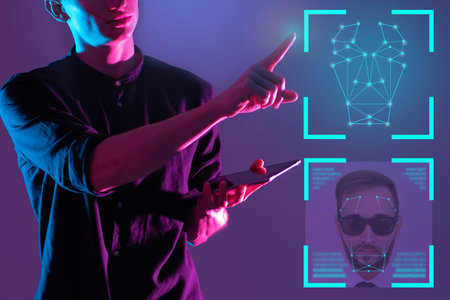human face recognition. Human identification using software. ID face technology. Male virtual...
