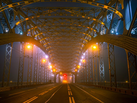 Bridge at night. Construction of bridges. Concept - road architecture. road markings. Lanterns...