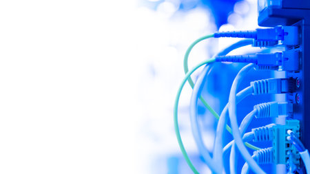 Network cables are connected to the equipment. Network wires on a white background. Server equipment...