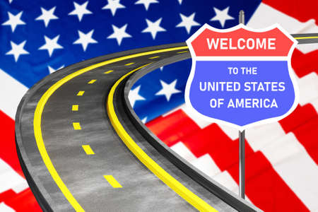 America highway. Welcome sign near auto track. Welcome to United States of America. Asphalt road in front of USA flag. Welcome to USA. US auto travel metaphor. 3d rendering.の写真素材