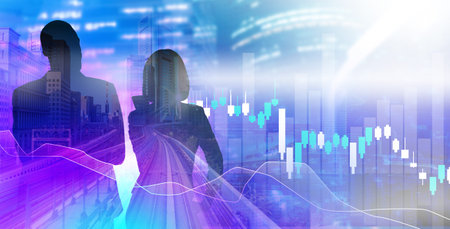 Business, investment, stock market concept. Silhouettes of a man and a woman against the background...