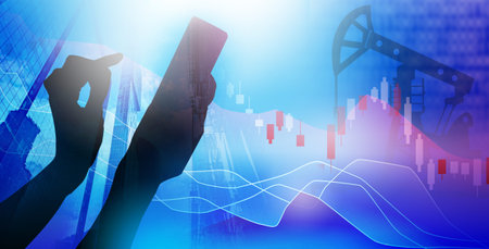 Exchange oil trading. Buying and selling oil futures. Oil pump and quotes on blue background....