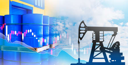The oil market. double exposure. Quotes for crude oil and petroleum products. Oil rigs and stock chart. fuel market. Barrels of fuel on pallets. Petroleum quotes chart.の写真素材