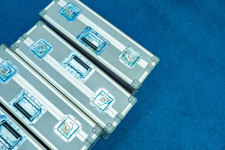 Transportation of musical equipment. Cases audio equipment. Equipment for servicing conferences. Cases for the transport of musical furnishing. Concept - transportation safety. metal wardrobe trunksの写真素材
