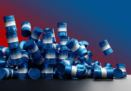Falling oil prices concept. Heap of falling oil barrels. Oil barrels are falling down. Blue tanks on red background. collapse of prices for petroleum products. Lower prices for hydrocarbons. 3d imageの写真素材