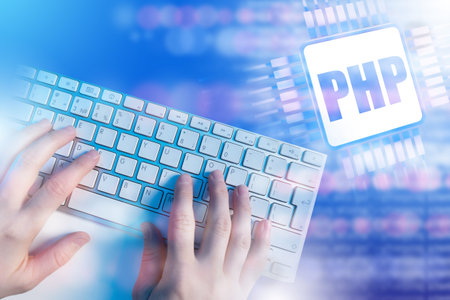 PHP logo. programmer at computer. Programmer writes PHP code for website. Hypertext Preprocessor....