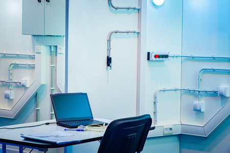 Laptop in the technical room. Premises with lots of switches. utility room. Electricity Control...