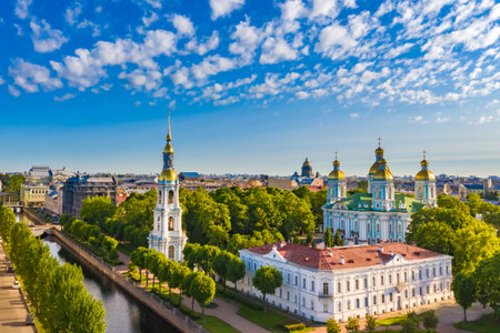 Saint-Petersburg. Russia. St. Nicholas Cathedral view from a drone. St. Petersburg in sunny weather. Panorama of St. Petersburg with churches. Russian city on a summer day. Russian architecture.の写真素材